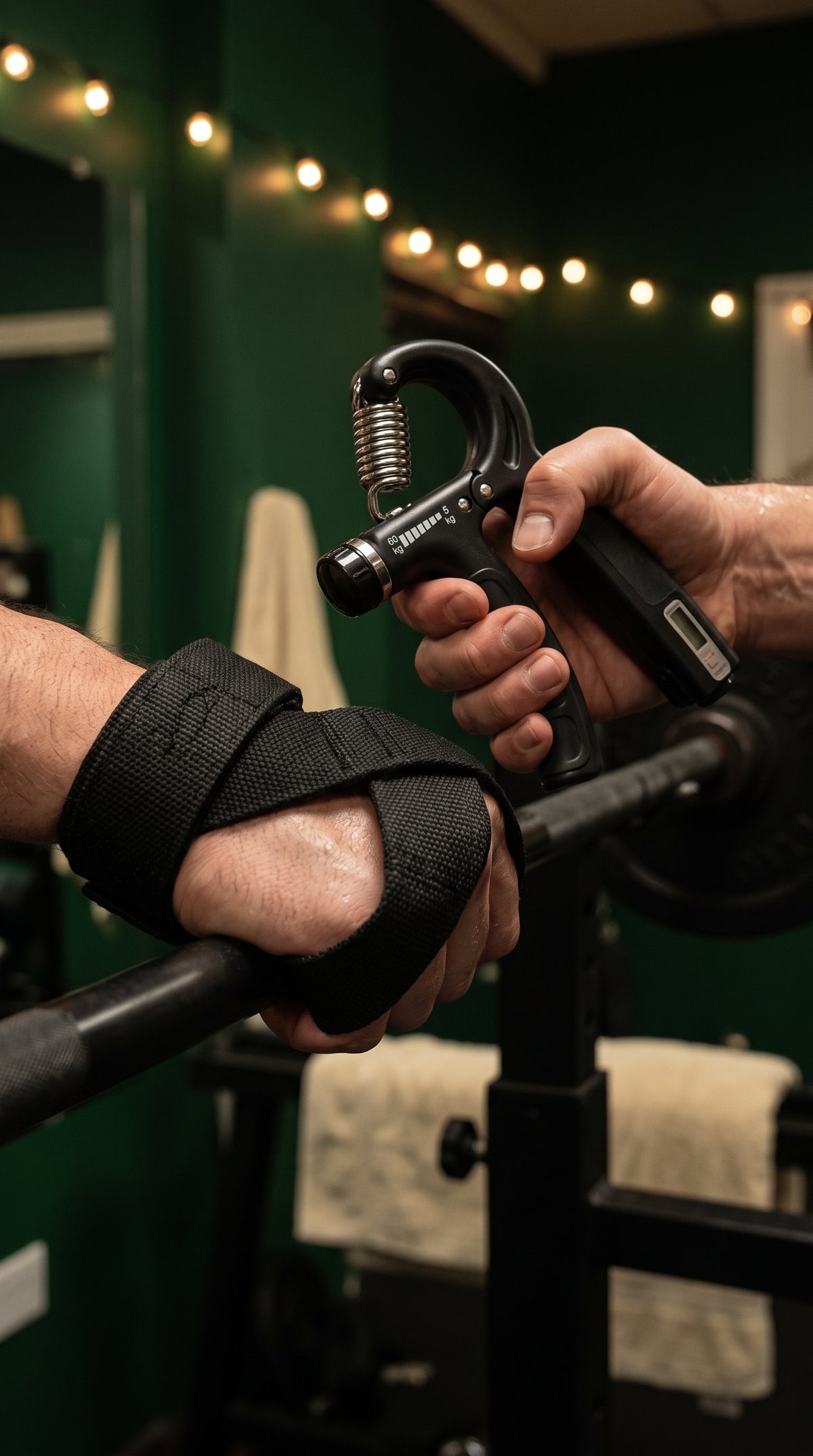 Wrist straps wrapped on a barbell while the other hand squeezes the adjustable hand grip