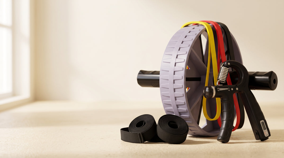 Ab wheel, hand grip, wrist straps and resistance bands grouped on a cream floor