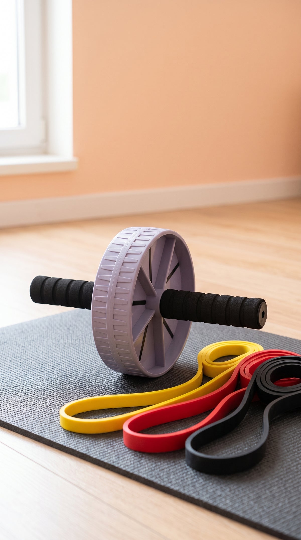 Ab wheel on an exercise mat beside yellow, red and black resistance bands